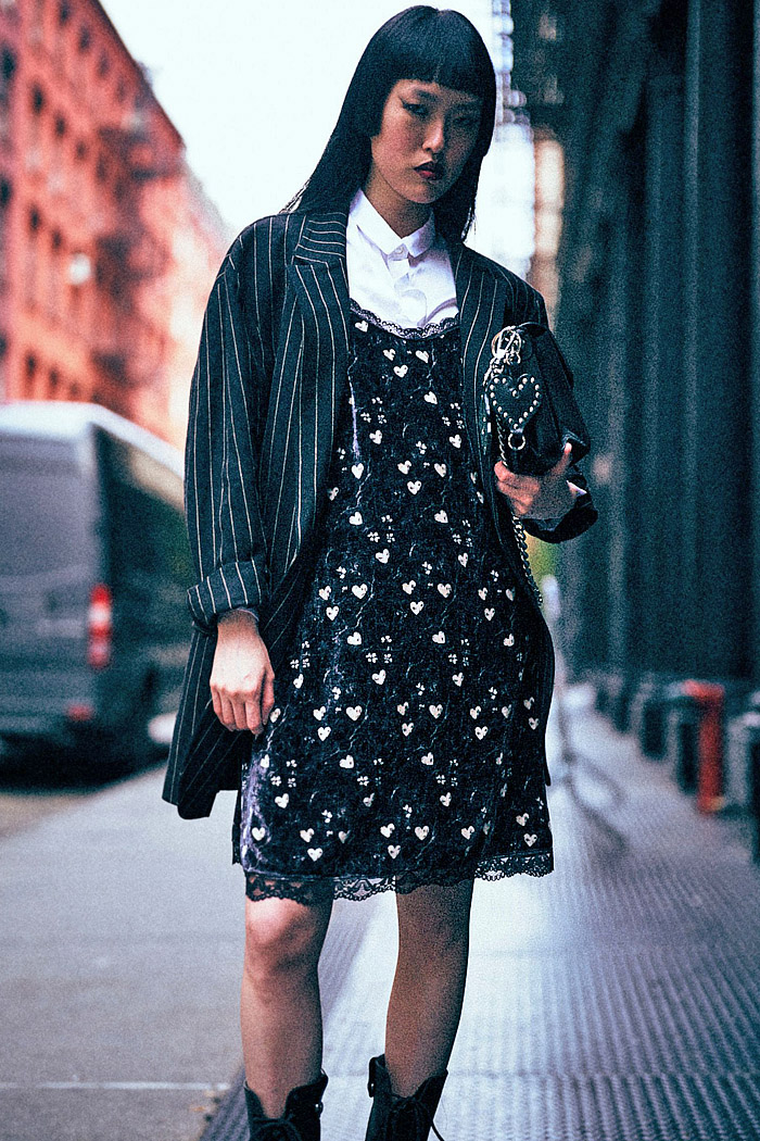 R13 2026 Resort Womens Looks with urban grunge style, hearts, fishnets, pinstripes, studs, babydoll dresses, and hybrid skirtpants