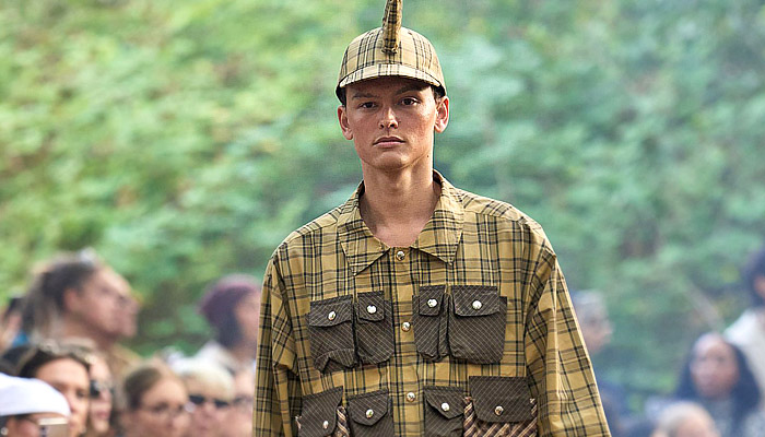 Rolf Ekroth SS26 Mens Runway - polka dot denim jeans, patchwork, pinback buttons, quilt, flowers, parkas, vests, pockets, checks