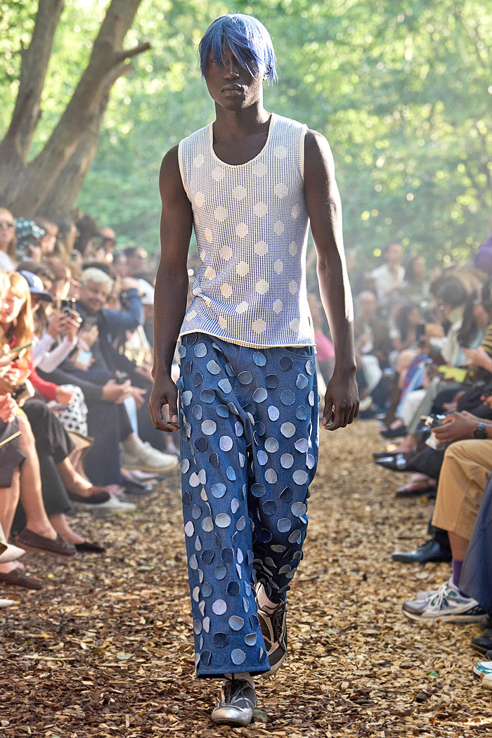 Rolf Ekroth SS26 Mens Runway - polka dot denim jeans, patchwork, pinback buttons, quilt, flowers, parkas, vests, pockets, checks