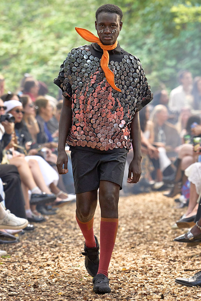 Rolf Ekroth SS26 Mens Runway - polka dot denim jeans, patchwork, pinback buttons, quilt, flowers, parkas, vests, pockets, checks