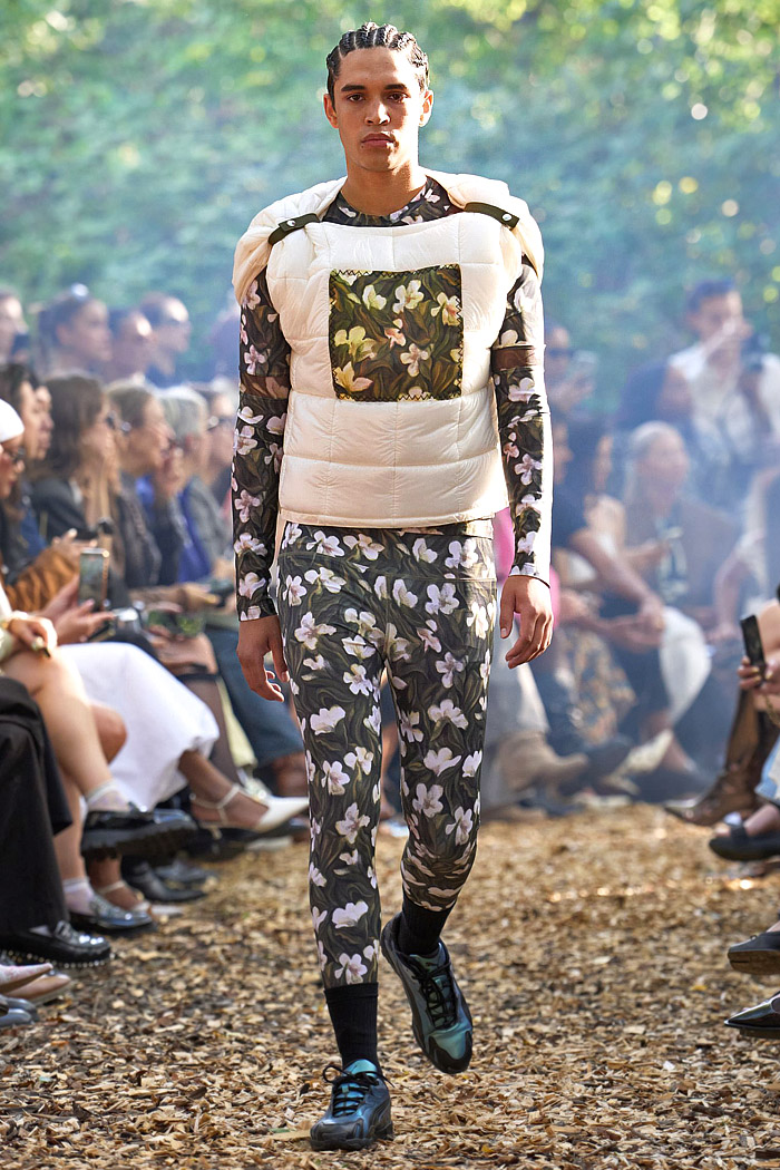 Rolf Ekroth SS26 Mens Runway - polka dot denim jeans, patchwork, pinback buttons, quilt, flowers, parkas, vests, pockets, checks