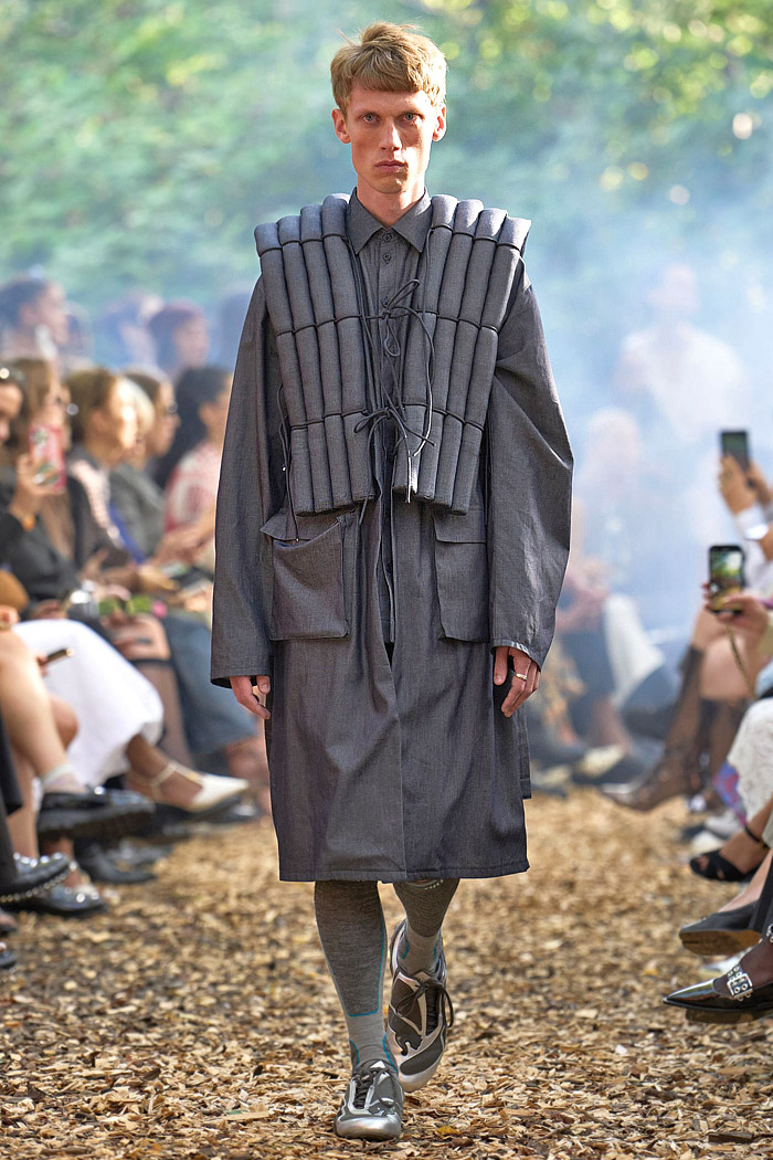 Rolf Ekroth SS26 Mens Runway - polka dot denim jeans, patchwork, pinback buttons, quilt, flowers, parkas, vests, pockets, checks