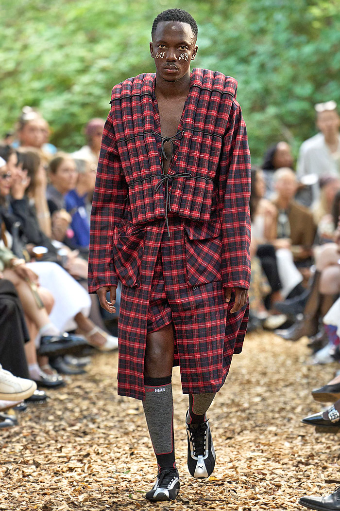 Rolf Ekroth SS26 Mens Runway - polka dot denim jeans, patchwork, pinback buttons, quilt, flowers, parkas, vests, pockets, checks