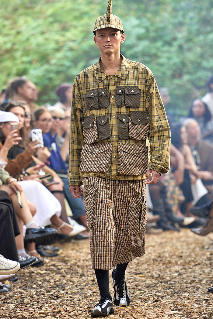 Rolf Ekroth SS26 Mens Runway - polka dot denim jeans, patchwork, pinback buttons, quilt, flowers, parkas, vests, pockets, checks