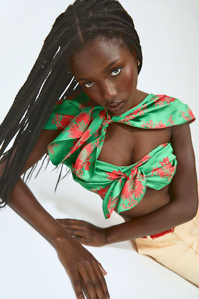 Rosie Assoulin 2026 Resort Womens show patchwork, knit crochet, jelly mint, flare pants, beads, halterneck, striped leaves, flowers