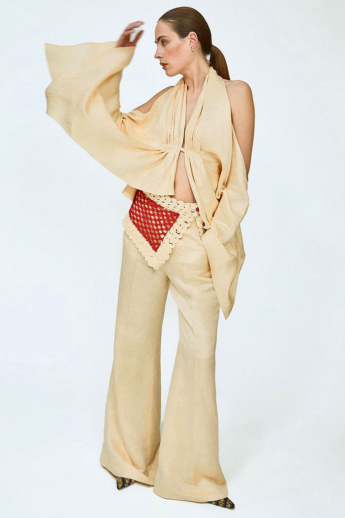 Rosie Assoulin 2026 Resort Womens show patchwork, knit crochet, jelly mint, flare pants, beads, halterneck, striped leaves, flowers