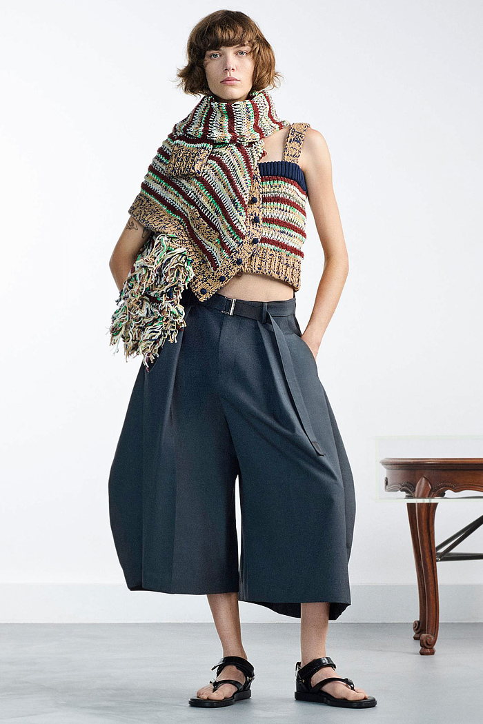 Sacai 2026 Resort Cruise Womens: hybrid denim, cannon sleeves, wide-leg, knits, flappy shorts, pantsuits, deconstructed