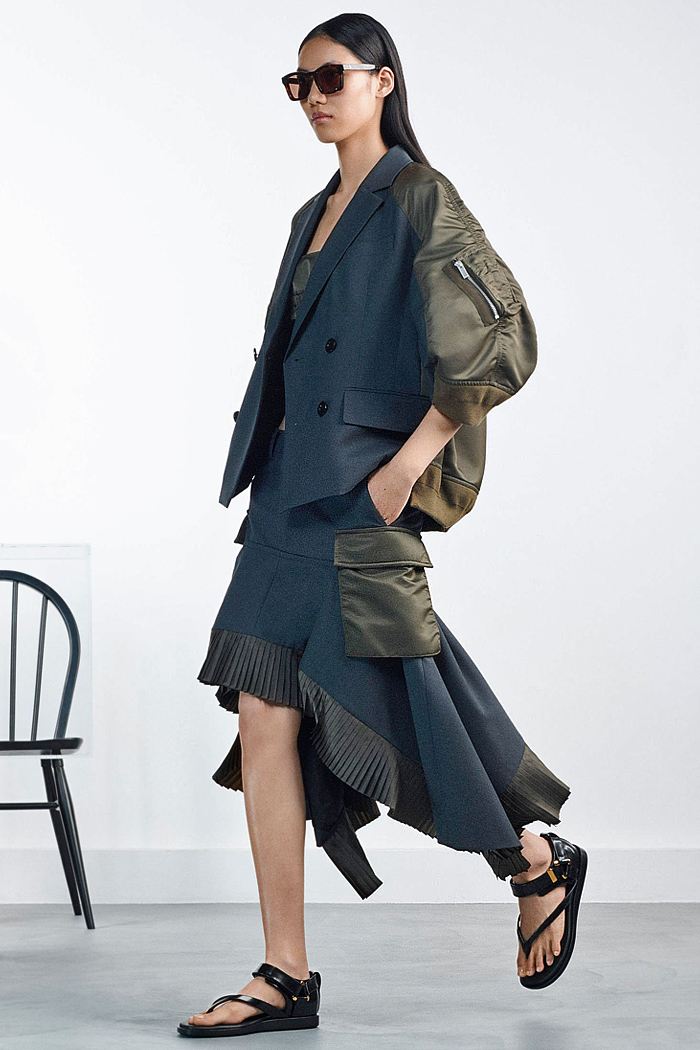 Sacai 2026 Resort Cruise Womens: hybrid denim, cannon sleeves, wide-leg, knits, flappy shorts, pantsuits, deconstructed