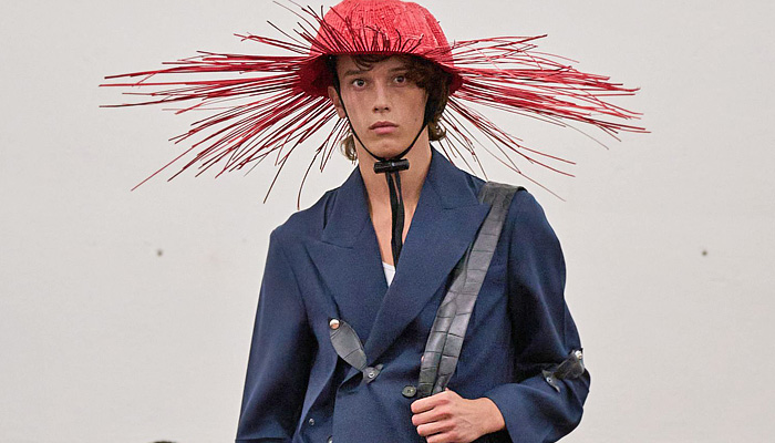 Setchu by Satoshi Kuwata 2026 Spring Summer Mens Runway Collection - Zimbabwean Batoka Tribe Basket Weave Palm Fronds Deconstructed Shirt Stripes Hanging Sleeve Buttons Straps Field Jacket Wrap Cargo Pants Utility Pockets Draped Drawstring Slouchy Pants Oversized Wide Leg Baggy Loose Knit Cuffs Outerwear Coat Blazer Plaid Check Straw Hat Shorts Accordion Pleats Sandals