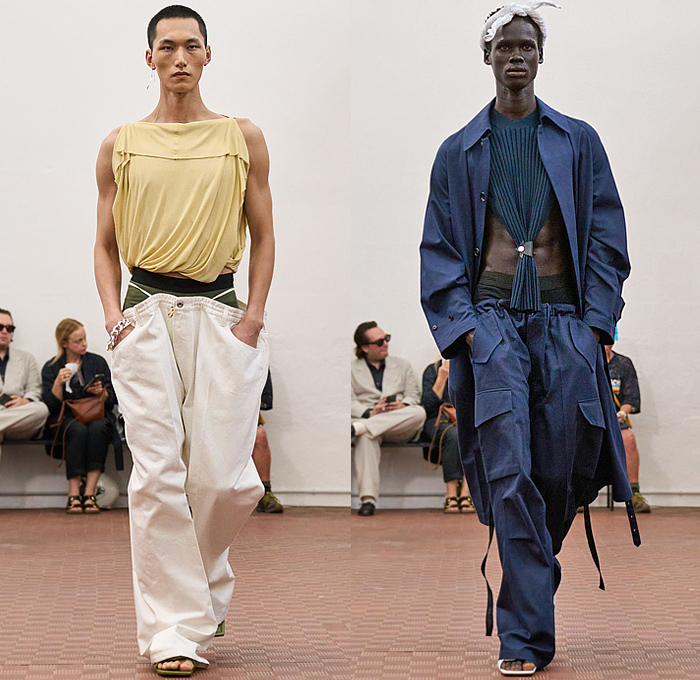 Setchu by Satoshi Kuwata 2026 Spring Summer Mens Runway Collection - Zimbabwean Batoka Tribe Basket Weave Palm Fronds Deconstructed Shirt Stripes Hanging Sleeve Buttons Straps Field Jacket Wrap Cargo Pants Utility Pockets Draped Drawstring Slouchy Pants Oversized Wide Leg Baggy Loose Knit Cuffs Outerwear Coat Blazer Plaid Check Straw Hat Shorts Accordion Pleats Sandals