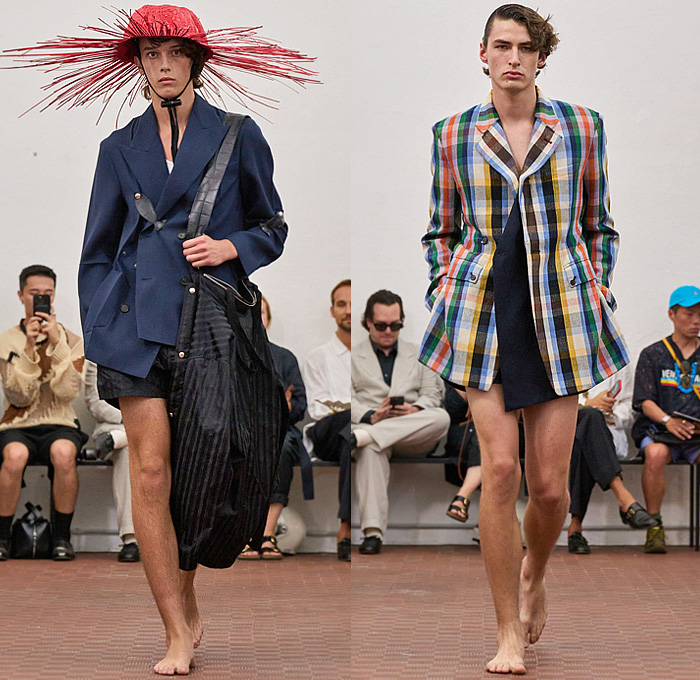 Setchu by Satoshi Kuwata 2026 Spring Summer Mens Runway Collection - Zimbabwean Batoka Tribe Basket Weave Palm Fronds Deconstructed Shirt Stripes Hanging Sleeve Buttons Straps Field Jacket Wrap Cargo Pants Utility Pockets Draped Drawstring Slouchy Pants Oversized Wide Leg Baggy Loose Knit Cuffs Outerwear Coat Blazer Plaid Check Straw Hat Shorts Accordion Pleats Sandals