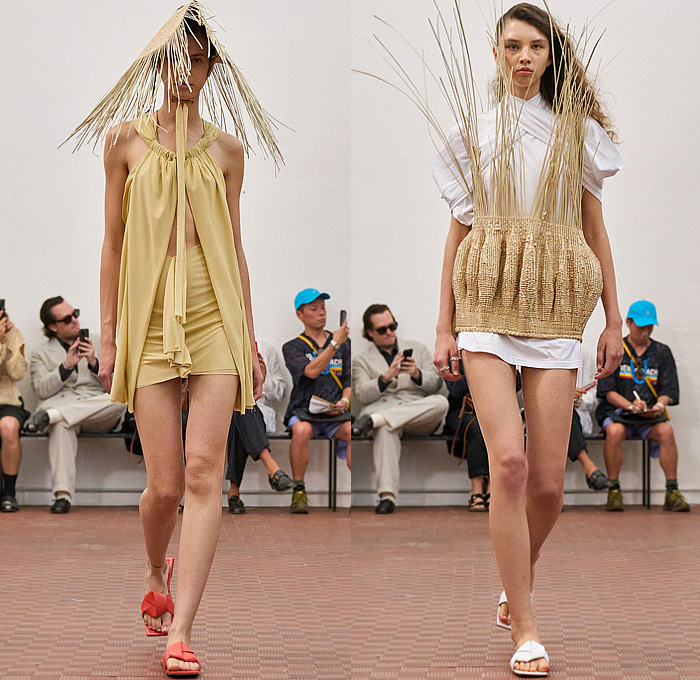 Setchu by Satoshi Kuwata 2026 Spring Summer Womens Runway Collection - Zimbabwe Batoka Tribe Basket Weave Palm Fronds Fringes Spikes Halterneck Khaki Draped Miniskirt Cross Wrap Cuffs Crop Top Midriff Zipper Folds Knit Buttons Stripes Plaid Check Cinch Drawstring String Fish Maxi Dress Denim Jeans Wide Leg Baggy Loose Blazer Jacket Accordion Pleats Corduroy Tied Pockets Shorts Basket Sandals