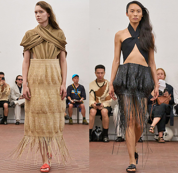Setchu by Satoshi Kuwata 2026 Spring Summer Womens Runway Collection - Zimbabwe Batoka Tribe Basket Weave Palm Fronds Fringes Spikes Halterneck Khaki Draped Miniskirt Cross Wrap Cuffs Crop Top Midriff Zipper Folds Knit Buttons Stripes Plaid Check Cinch Drawstring String Fish Maxi Dress Denim Jeans Wide Leg Baggy Loose Blazer Jacket Accordion Pleats Corduroy Tied Pockets Shorts Basket Sandals