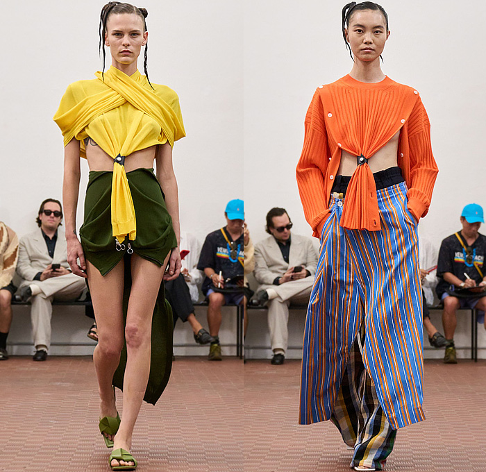 Setchu by Satoshi Kuwata 2026 Spring Summer Womens Runway Collection - Zimbabwe Batoka Tribe Basket Weave Palm Fronds Fringes Spikes Halterneck Khaki Draped Miniskirt Cross Wrap Cuffs Crop Top Midriff Zipper Folds Knit Buttons Stripes Plaid Check Cinch Drawstring String Fish Maxi Dress Denim Jeans Wide Leg Baggy Loose Blazer Jacket Accordion Pleats Corduroy Tied Pockets Shorts Basket Sandals