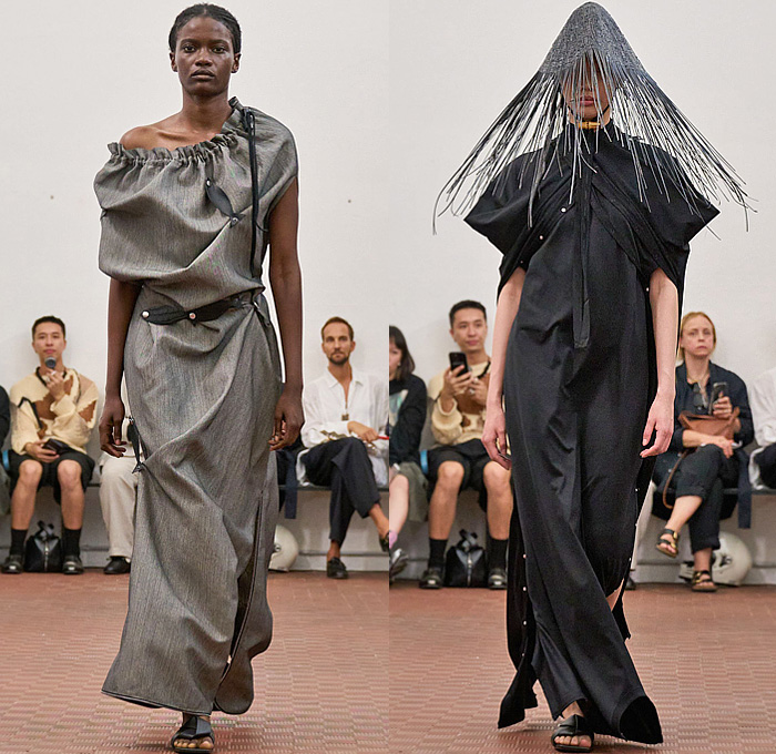 Setchu by Satoshi Kuwata 2026 Spring Summer Womens Runway Collection - Zimbabwe Batoka Tribe Basket Weave Palm Fronds Fringes Spikes Halterneck Khaki Draped Miniskirt Cross Wrap Cuffs Crop Top Midriff Zipper Folds Knit Buttons Stripes Plaid Check Cinch Drawstring String Fish Maxi Dress Denim Jeans Wide Leg Baggy Loose Blazer Jacket Accordion Pleats Corduroy Tied Pockets Shorts Basket Sandals