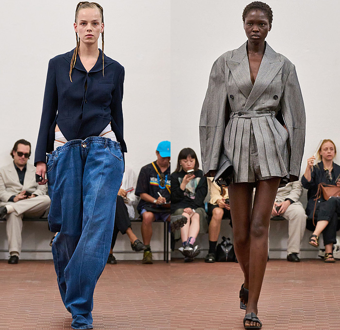 Setchu by Satoshi Kuwata 2026 Spring Summer Womens Runway Collection - Zimbabwe Batoka Tribe Basket Weave Palm Fronds Fringes Spikes Halterneck Khaki Draped Miniskirt Cross Wrap Cuffs Crop Top Midriff Zipper Folds Knit Buttons Stripes Plaid Check Cinch Drawstring String Fish Maxi Dress Denim Jeans Wide Leg Baggy Loose Blazer Jacket Accordion Pleats Corduroy Tied Pockets Shorts Basket Sandals