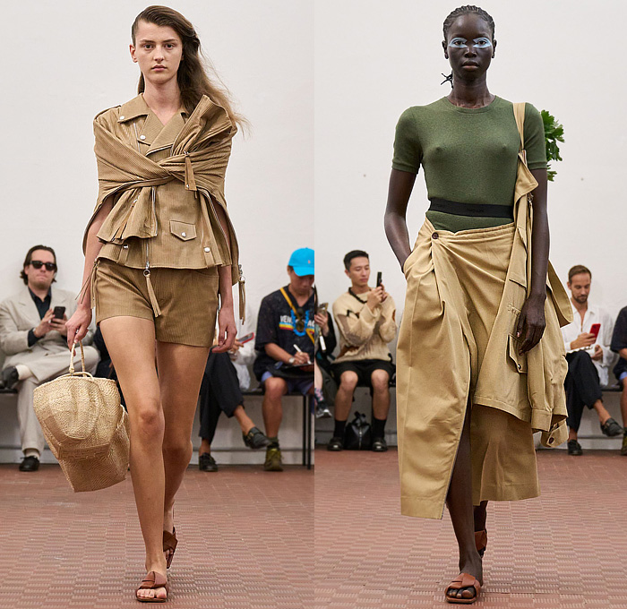 Setchu by Satoshi Kuwata 2026 Spring Summer Womens Runway Collection - Zimbabwe Batoka Tribe Basket Weave Palm Fronds Fringes Spikes Halterneck Khaki Draped Miniskirt Cross Wrap Cuffs Crop Top Midriff Zipper Folds Knit Buttons Stripes Plaid Check Cinch Drawstring String Fish Maxi Dress Denim Jeans Wide Leg Baggy Loose Blazer Jacket Accordion Pleats Corduroy Tied Pockets Shorts Basket Sandals