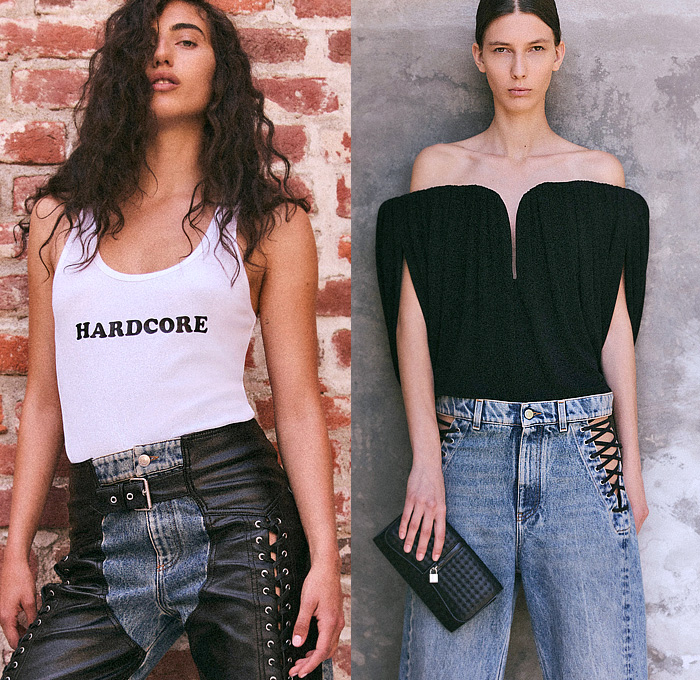 Stella McCartney 2026 Resort Cruise Pre-Spring Womens Lookbook - Denim Jeans Laces Patchwork Hybrid Wired Neckline Strapless Draped Dress Flowers Floral Body Contour Sculpture Twist Tied Bedazzled Sequins Leotard Animal Spots Ocelot Pattern Frankenstein Shoulders Turtleneck Blouse Shorts Bomber Jacket Wide Leg Palazzo Pants Cargo Pants Pockets Cinch Pleats Metallic Knit Cardigan Sweater Blazer Pantsuit Embroidery Handbag