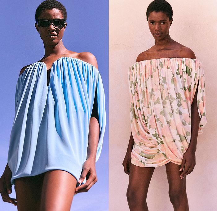 Stella McCartney 2026 Resort Cruise Pre-Spring Womens Lookbook - Denim Jeans Laces Patchwork Hybrid Wired Neckline Strapless Draped Dress Flowers Floral Body Contour Sculpture Twist Tied Bedazzled Sequins Leotard Animal Spots Ocelot Pattern Frankenstein Shoulders Turtleneck Blouse Shorts Bomber Jacket Wide Leg Palazzo Pants Cargo Pants Pockets Cinch Pleats Metallic Knit Cardigan Sweater Blazer Pantsuit Embroidery Handbag