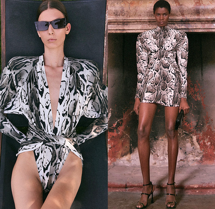 Stella McCartney 2026 Resort Cruise Pre-Spring Womens Lookbook - Denim Jeans Laces Patchwork Hybrid Wired Neckline Strapless Draped Dress Flowers Floral Body Contour Sculpture Twist Tied Bedazzled Sequins Leotard Animal Spots Ocelot Pattern Frankenstein Shoulders Turtleneck Blouse Shorts Bomber Jacket Wide Leg Palazzo Pants Cargo Pants Pockets Cinch Pleats Metallic Knit Cardigan Sweater Blazer Pantsuit Embroidery Handbag