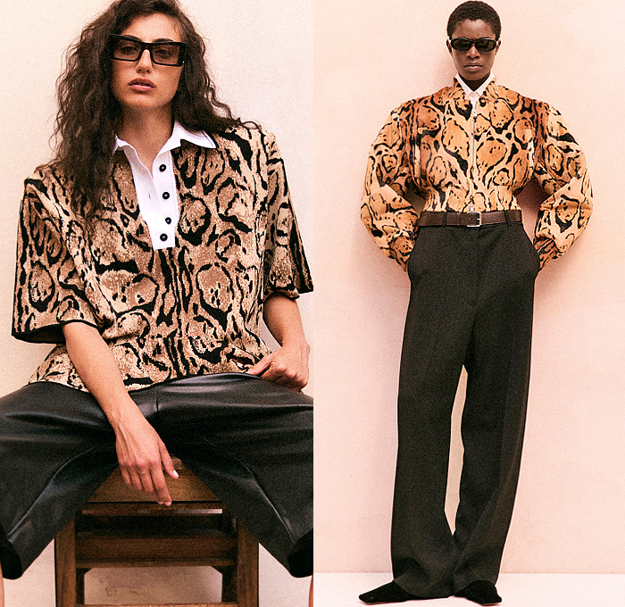Stella McCartney 2026 Resort Cruise Pre-Spring Womens Lookbook - Denim Jeans Laces Patchwork Hybrid Wired Neckline Strapless Draped Dress Flowers Floral Body Contour Sculpture Twist Tied Bedazzled Sequins Leotard Animal Spots Ocelot Pattern Frankenstein Shoulders Turtleneck Blouse Shorts Bomber Jacket Wide Leg Palazzo Pants Cargo Pants Pockets Cinch Pleats Metallic Knit Cardigan Sweater Blazer Pantsuit Embroidery Handbag
