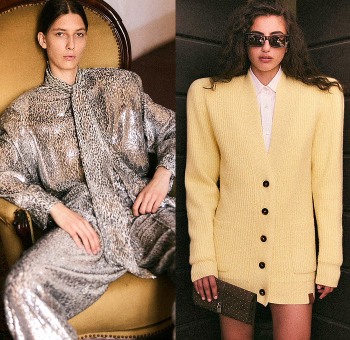 Stella McCartney 2026 Resort Cruise Pre-Spring Womens Lookbook - Denim Jeans Laces Patchwork Hybrid Wired Neckline Strapless Draped Dress Flowers Floral Body Contour Sculpture Twist Tied Bedazzled Sequins Leotard Animal Spots Ocelot Pattern Frankenstein Shoulders Turtleneck Blouse Shorts Bomber Jacket Wide Leg Palazzo Pants Cargo Pants Pockets Cinch Pleats Metallic Knit Cardigan Sweater Blazer Pantsuit Embroidery Handbag