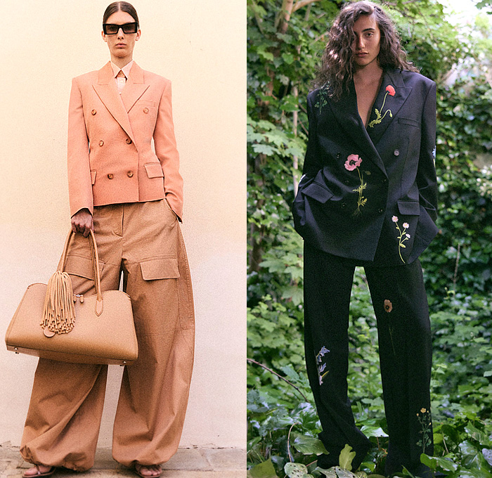 Stella McCartney 2026 Resort Cruise Pre-Spring Womens Lookbook - Denim Jeans Laces Patchwork Hybrid Wired Neckline Strapless Draped Dress Flowers Floral Body Contour Sculpture Twist Tied Bedazzled Sequins Leotard Animal Spots Ocelot Pattern Frankenstein Shoulders Turtleneck Blouse Shorts Bomber Jacket Wide Leg Palazzo Pants Cargo Pants Pockets Cinch Pleats Metallic Knit Cardigan Sweater Blazer Pantsuit Embroidery Handbag