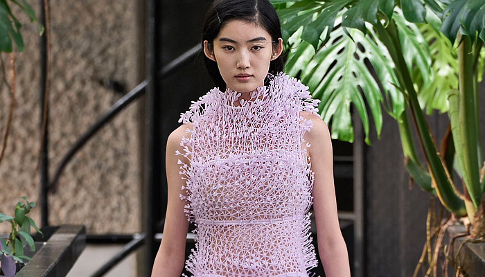 Susan Fang 2026 Spring Summer Womens Runway at LFW - beads, crystals, floral mesh, lace, sheer dress, sculptures, honeycomb