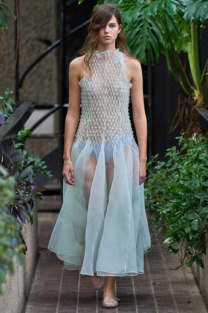 Susan Fang 2026 Spring Summer Womens Runway at LFW - beads, crystals, floral mesh, lace, sheer dress, sculptures, honeycomb