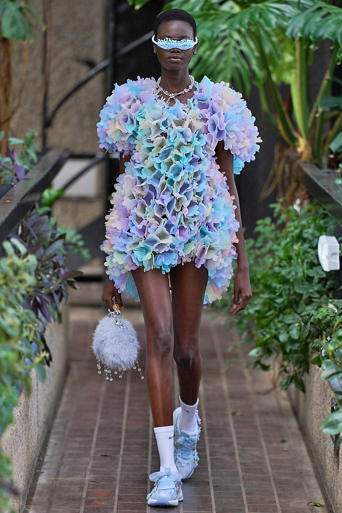 Susan Fang 2026 Spring Summer Womens Runway at LFW - beads, crystals, floral mesh, lace, sheer dress, sculptures, honeycomb