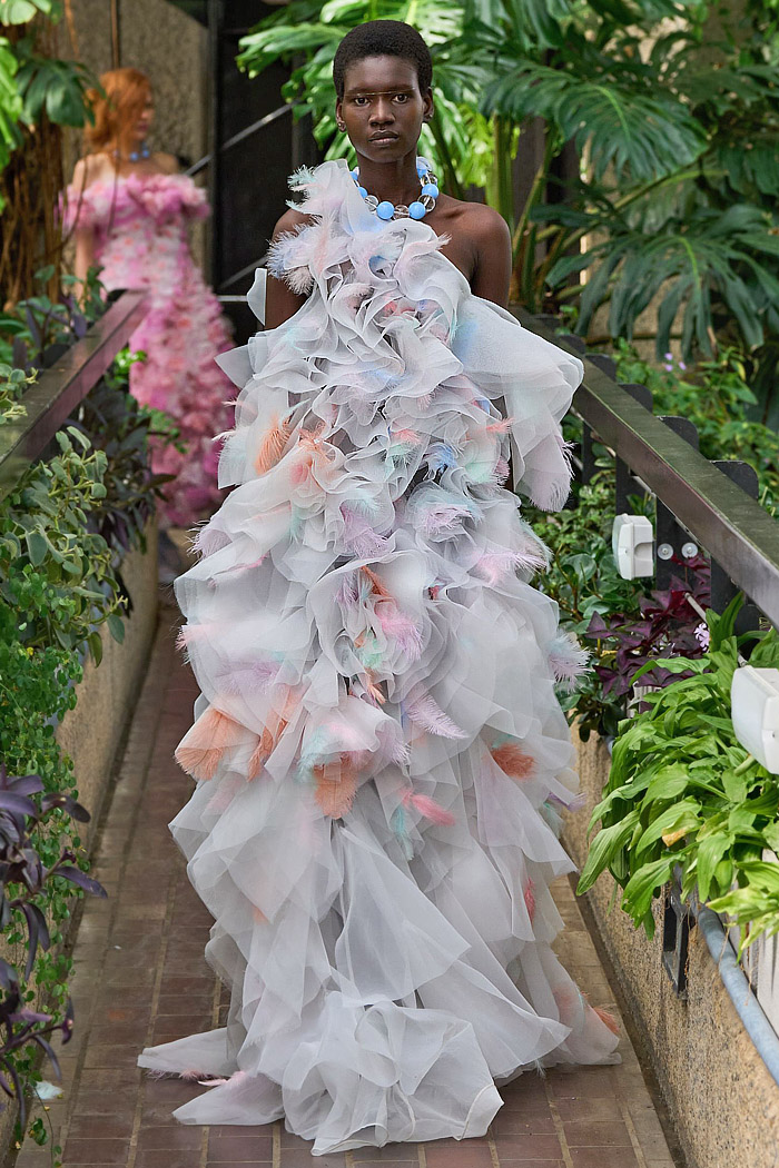 Susan Fang 2026 Spring Summer Womens Runway at LFW - beads, crystals, floral mesh, lace, sheer dress, sculptures, honeycomb