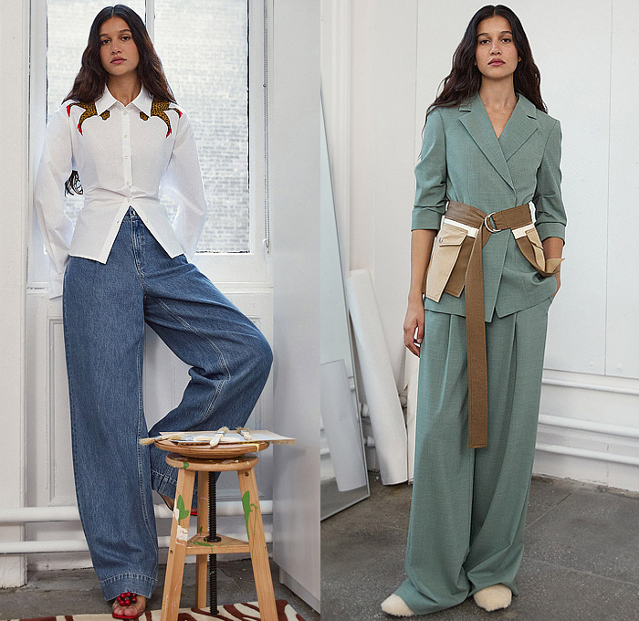 Tanya Taylor 2026 Resort Cruise Pre-Spring Womens Lookbook - Bedazzled Sequins Crystals Flowers Floral Pinstripe Outerwear Coat Blazer Jacket Bandeau Crop Top Midriff Hotpants Wide Leg Denim Jeans Dress Blouse Patchwork Overalls Jumpsuit Pockets Leopard Cheetah Pantsuit Feathers Fringes Knit Sweater Jumper Cardigan Midi Skirt Miniskirt Silk Satin Brocade Paint Fanny Pack Pouch Belt Bag Flats Boat Shoes