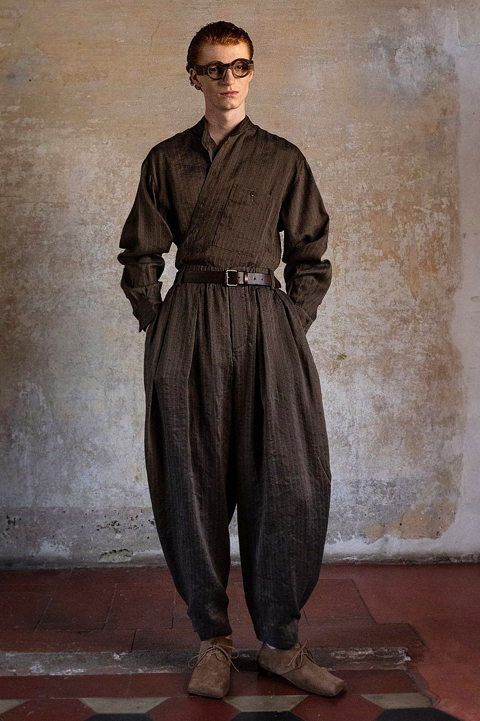 Uma Wang 2026 Spring Summer Mens: Bhutan-inspired robes, wide leg pants, floral, utilitarian cargo pockets, and desert nomad coats