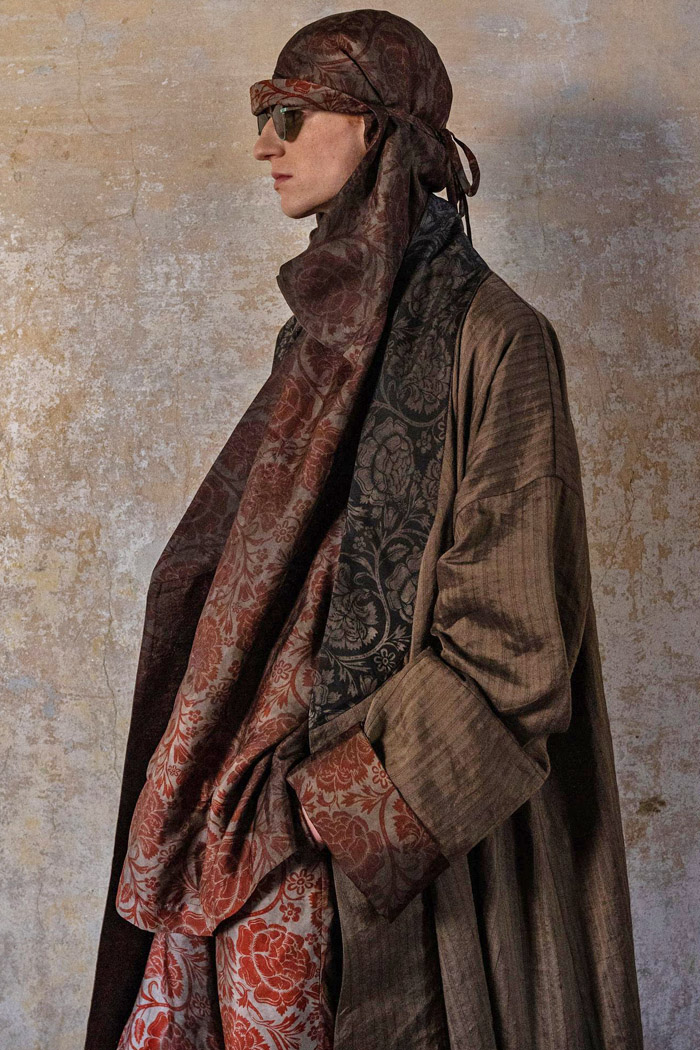 Uma Wang 2026 Spring Summer Mens: Bhutan-inspired robes, wide leg pants, floral, utilitarian cargo pockets, and desert nomad coats