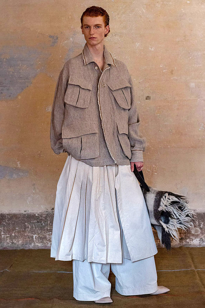 Uma Wang 2026 Spring Summer Mens: Bhutan-inspired robes, wide leg pants, floral, utilitarian cargo pockets, and desert nomad coats