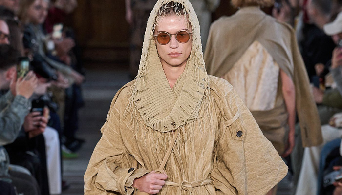 Uma Wang 2026 Spring Summer Womens - knit, frayed, wrinkled, twists, terracotta, stripes, draped, floral, pantsuit, trench coat