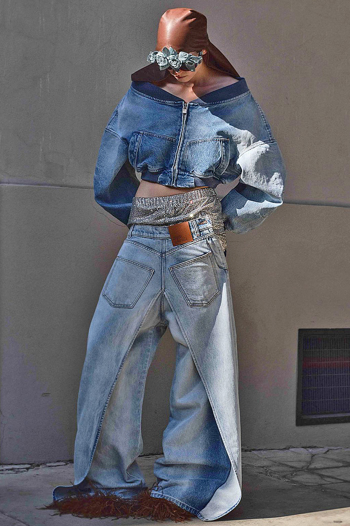 Giuseppe Di Morabito 2027 Resort Womens Fashion - Deconstructed Denim Jeans Hooded Collar Lace Corset Draped Coat Tied Boots