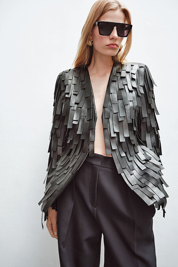 Jonathan Simkhai 2027 Resort Cruise Pre-Spring Womens Collection Fashion Trends - Fringes Overlapping Leather Strips Flapper Blazer Jacket Strings Adorned Studs Pellegrina Capelet Sleeves Threads Pasta Loops Ribbed Fusilli Spiral Backless Micro Dress Lace Embroidery Needlework Mesh Doily Jonathan Simkhai 2027 Resort Womens Fashion - Fringes Strips Blazer Strings Studs Capelet Sleeves Threads Loops Lace Mesh Doily