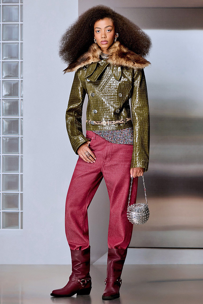 Rabanne 2027 Resort Cruise Pre-Spring Womens Lookbook - Military Motorcycle Biker Officer Jacket Alligator Crocodile Leather Red Denim Jeans Wide Leg Baggy Shorts Culottes Skirtpants Bell Bottom Palazzo Pants Fringes Medieval Metallic Chain Harlequin Pattern Feathers Bird Plumage Bedazzled Sequins Dress Gemstones Thurible Censer Incense Burner Handbag Metal Pastilles Rabanne 2027 Resort Womens Fashion - Officer Jacket Red Denim Jeans Culottes Skirtpants Fringes Feathers Sequins Metal Pastilles
