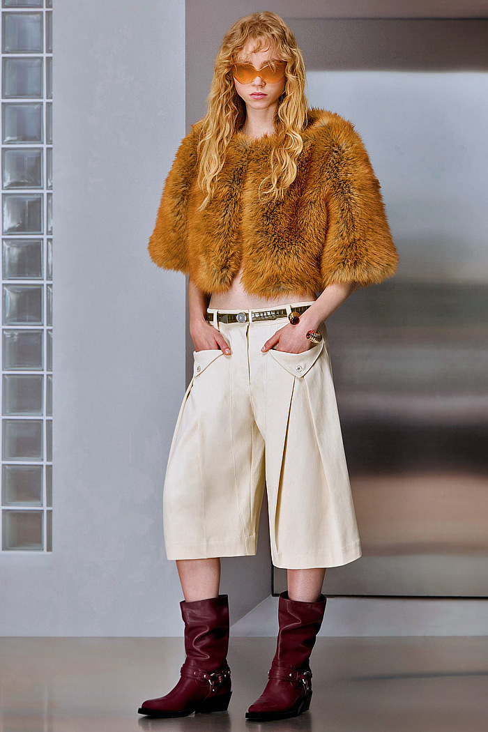 Rabanne 2027 Resort Cruise Pre-Spring Womens Lookbook - Military Motorcycle Biker Officer Jacket Alligator Crocodile Leather Red Denim Jeans Wide Leg Baggy Shorts Culottes Skirtpants Bell Bottom Palazzo Pants Fringes Medieval Metallic Chain Harlequin Pattern Feathers Bird Plumage Bedazzled Sequins Dress Gemstones Thurible Censer Incense Burner Handbag Metal Pastilles Rabanne 2027 Resort Womens Fashion - Officer Jacket Red Denim Jeans Culottes Skirtpants Fringes Feathers Sequins Metal Pastilles