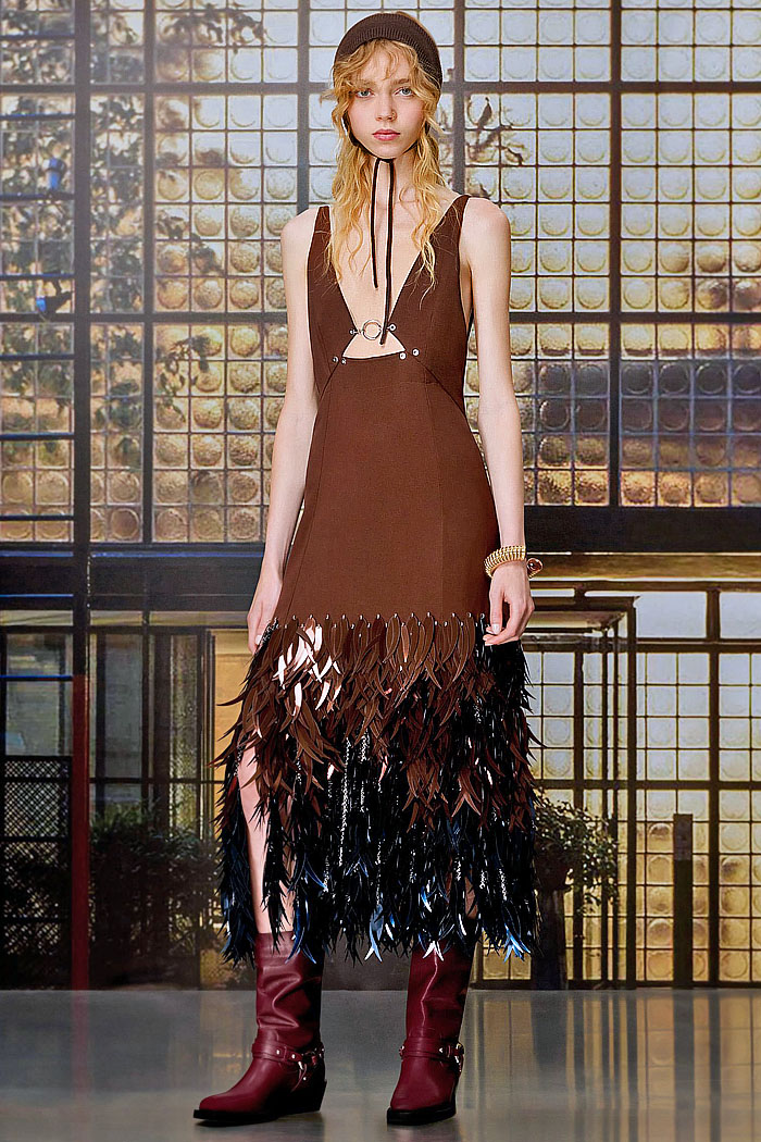 Rabanne 2027 Resort Cruise Pre-Spring Womens Lookbook - Military Motorcycle Biker Officer Jacket Alligator Crocodile Leather Red Denim Jeans Wide Leg Baggy Shorts Culottes Skirtpants Bell Bottom Palazzo Pants Fringes Medieval Metallic Chain Harlequin Pattern Feathers Bird Plumage Bedazzled Sequins Dress Gemstones Thurible Censer Incense Burner Handbag Metal Pastilles Rabanne 2027 Resort Womens Fashion - Officer Jacket Red Denim Jeans Culottes Skirtpants Fringes Feathers Sequins Metal Pastilles