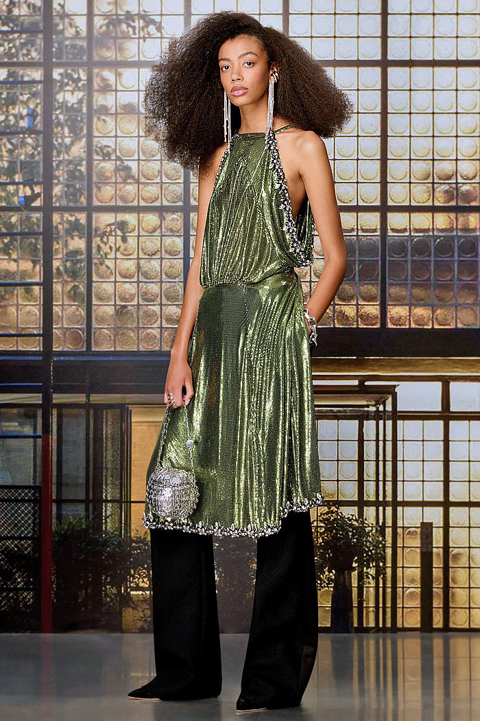 Rabanne 2027 Resort Cruise Pre-Spring Womens Lookbook - Military Motorcycle Biker Officer Jacket Alligator Crocodile Leather Red Denim Jeans Wide Leg Baggy Shorts Culottes Skirtpants Bell Bottom Palazzo Pants Fringes Medieval Metallic Chain Harlequin Pattern Feathers Bird Plumage Bedazzled Sequins Dress Gemstones Thurible Censer Incense Burner Handbag Metal Pastilles Rabanne 2027 Resort Womens Fashion - Officer Jacket Red Denim Jeans Culottes Skirtpants Fringes Feathers Sequins Metal Pastilles