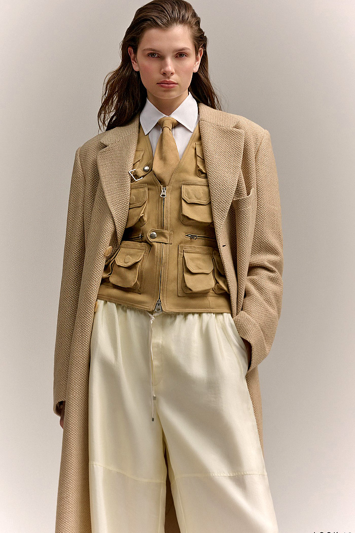 Ralph Lauren 2027 Resort Cruise Pre-Spring Womens Fashion Lookbook Trends - Bedazzled, Shiny, Metallic, Decorative, Sequins, Daywear, Slip Dress, Neutral Tones, Rope-Tied Waists, Rectangular Neck, Sheer, Halterneck, Halter Top, Draped, Eveningwear, Slit Opening, Pantsuit, Silk, Blouse, Wide Leg, Palazzo Pants, Utilitarian, Safari, Cargo Pockets, Utility Pockets, Pouches, Vest, Straps, Sleepwear, Outerwear, Blazer, Blazerdress, Coat, Trench Coat Ralph Lauren 2027 Resort Cruise Womens Fashion - Sequins, Slip Dress, Pantsuit, Silk, Wide Leg, Utility Vest, Straps, Trench Coat