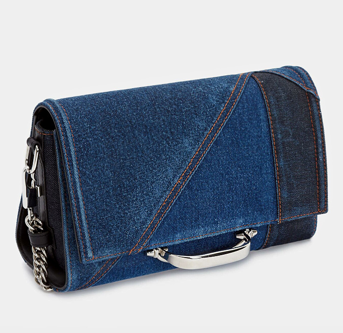 Alexander McQueen The Story Denim Shoulder Bag - Jeans Patchwork Black Calf Leather Trims Brass Hardware Silver Organic Metal Handle Studs Clutch Chain Strap Suede Lining - Made In Denim Finds by Denim Jeans Observer