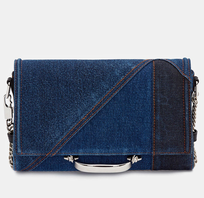 Alexander McQueen The Story Denim Shoulder Bag - Jeans Patchwork Black Calf Leather Trims Brass Hardware Silver Organic Metal Handle Studs Clutch Chain Strap Suede Lining - Made In Denim Finds by Denim Jeans Observer