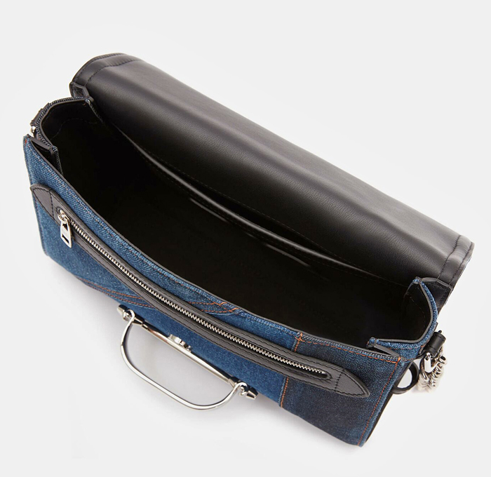 Alexander McQueen The Story Denim Shoulder Bag - Jeans Patchwork Black Calf Leather Trims Brass Hardware Silver Organic Metal Handle Studs Clutch Chain Strap Suede Lining - Made In Denim Finds by Denim Jeans Observer