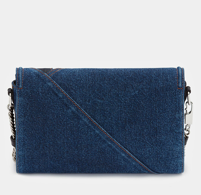 Alexander McQueen The Story Denim Shoulder Bag - Jeans Patchwork Black Calf Leather Trims Brass Hardware Silver Organic Metal Handle Studs Clutch Chain Strap Suede Lining - Made In Denim Finds by Denim Jeans Observer