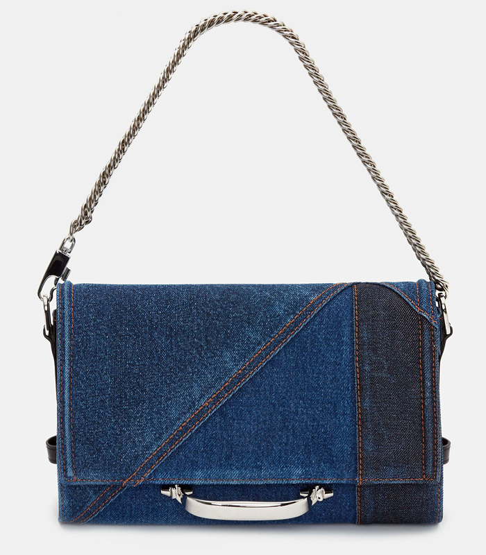 Alexander McQueen The Story Denim Shoulder Bag - Jeans Patchwork Black Calf Leather Trims Brass Hardware Silver Organic Metal Handle Studs Clutch Chain Strap Suede Lining - Made In Denim Finds by Denim Jeans Observer