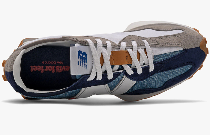 New Balance x Levi's 327 Trainers Running Shoes Mens Sneakers - Made In Denim Finds by Denim Jeans Observer - Indigo Grey Light Washes Patchwork Split Construction Asymmetrical Design Levi's for Feet Insole Cushion Studs Spikes Outsole