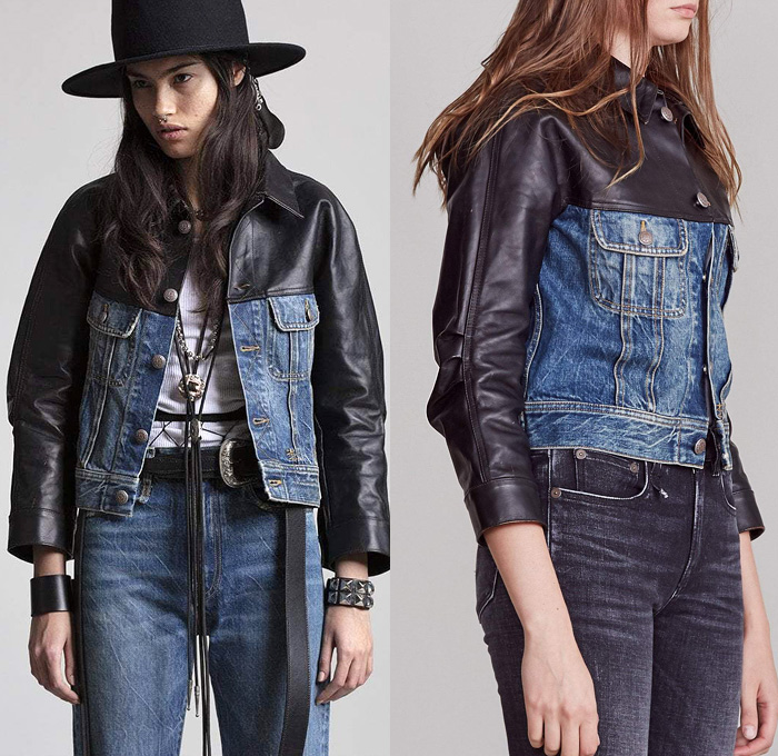 R13 Siouxie Shrunken Denim Hybrid Trucker Jacket & Zip-off Axl Slim Kelly Leather Zip Off Split Panel Jeans - 2020-2021 Fall Autumn Winter Womens Fashion Collection - Made In Denim Finds by Denim Jeans Observer